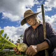 woman holding a radish and a hand tool, against blue sky with white clouds